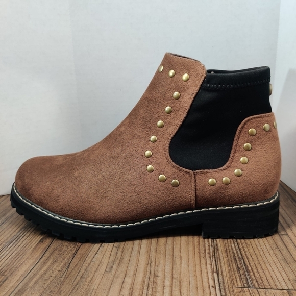 SEVEN7 Romanoff Waterproof Ankle Boot Faux Suede Brown Studs Neoprene Lug Sole - Picture 8 of 16